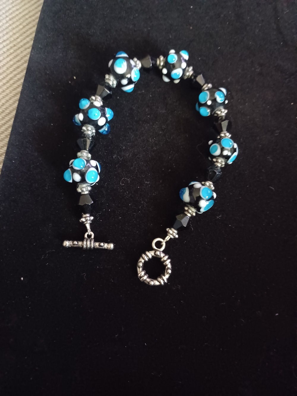 Handmade Blue & Black Lampwork Bead Bracelet 7" Toggle Closure